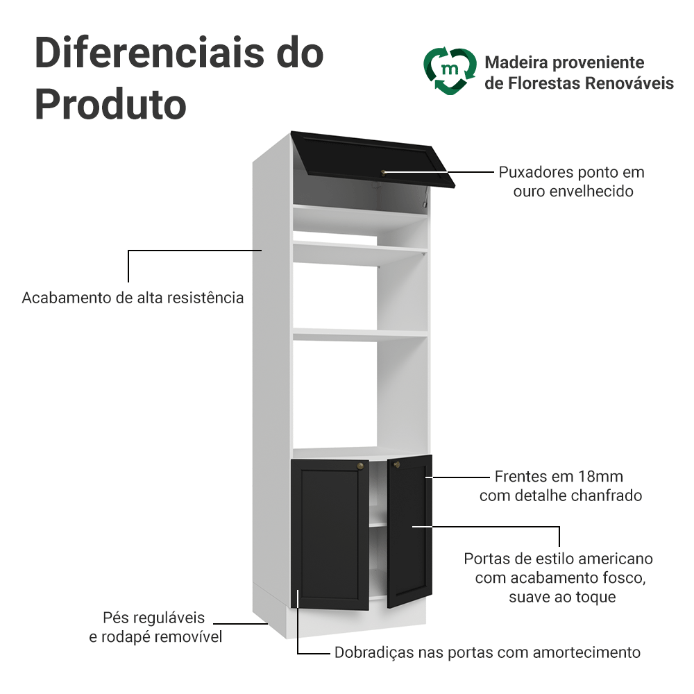 Torre Quente 70 cm 3 Portas Branco/Preto Vik Madesa