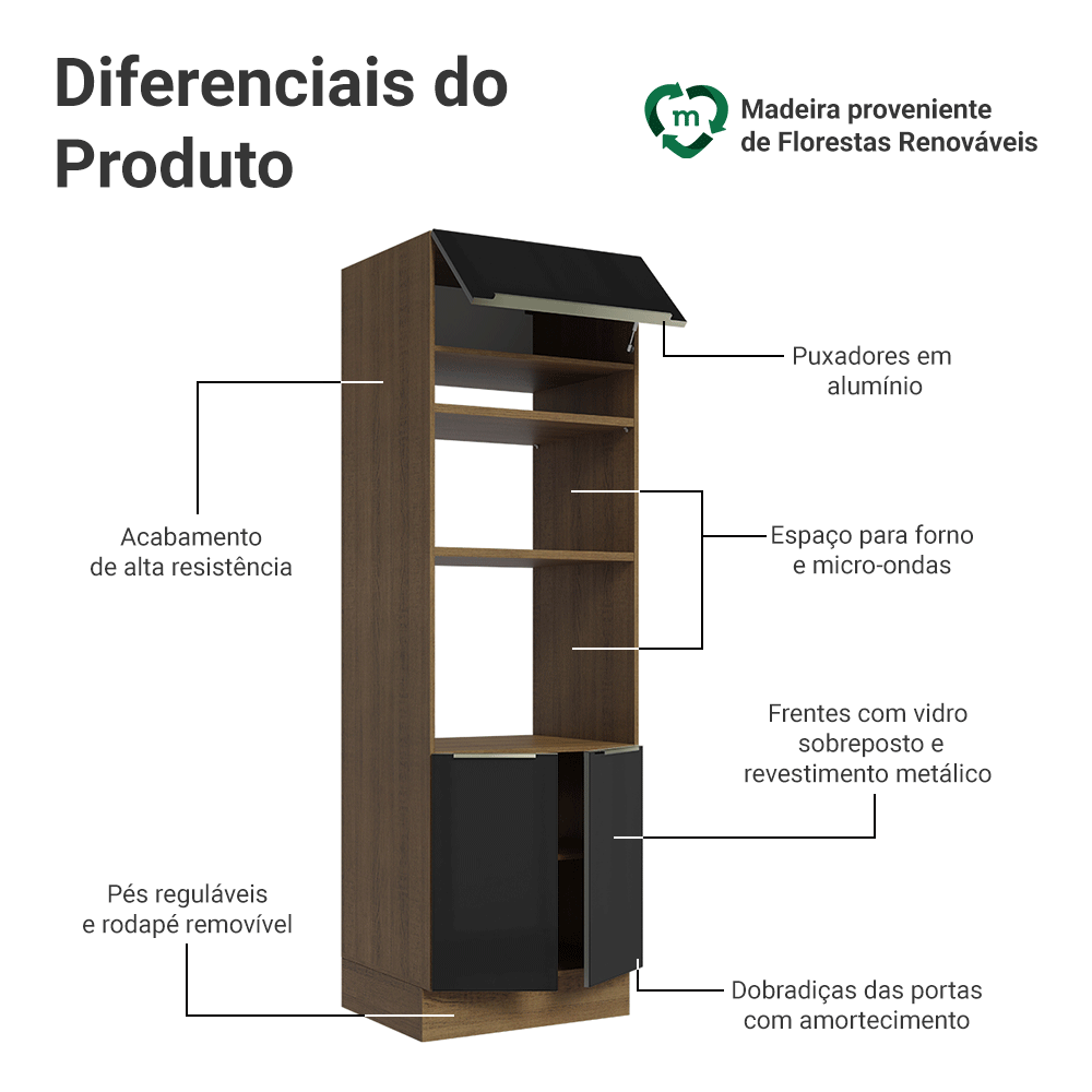 Torre Quente 70 cm 3 Portas Rustic/Preto Lux Madesa