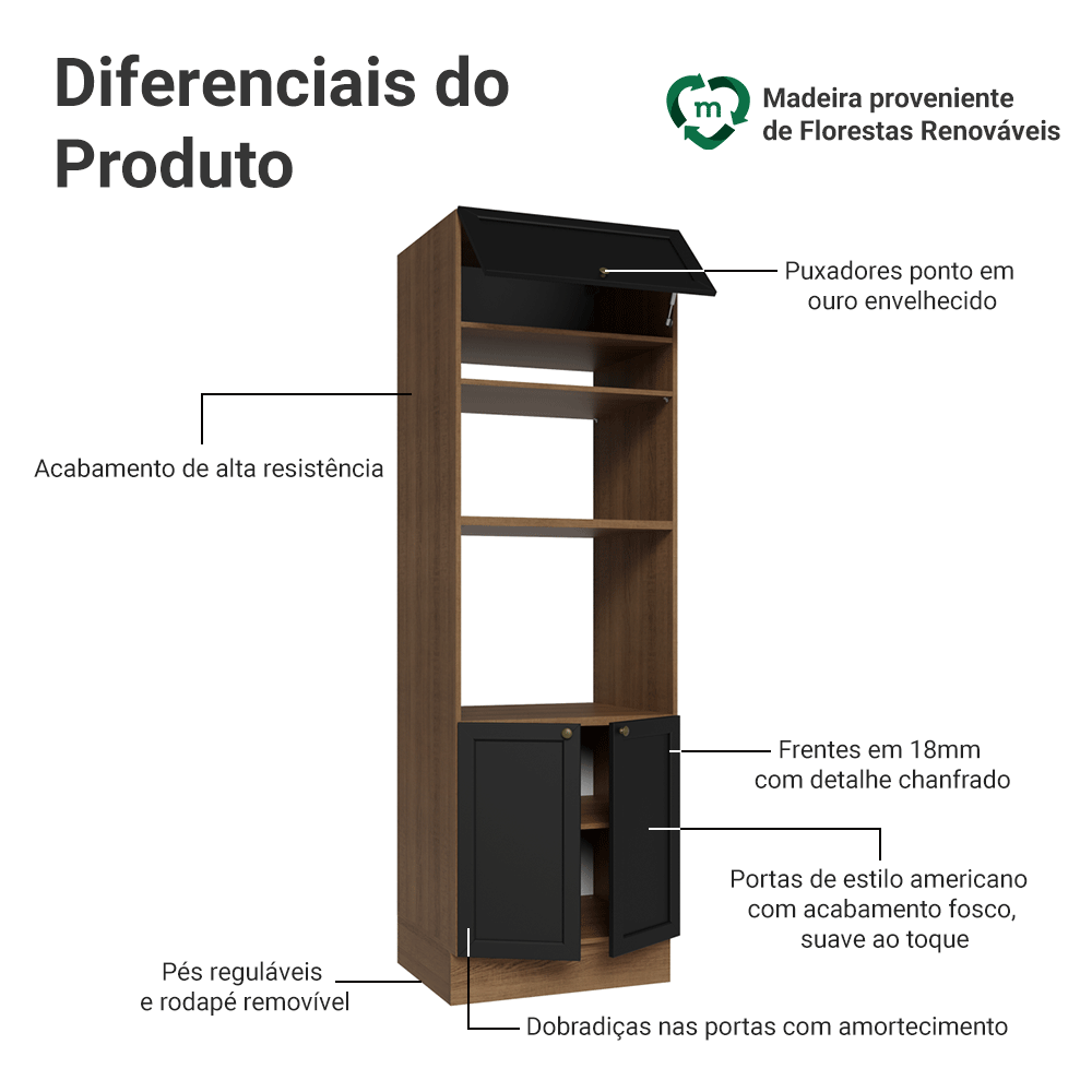 Torre Quente 70 cm 3 Portas Rustic/Preto Vik Madesa