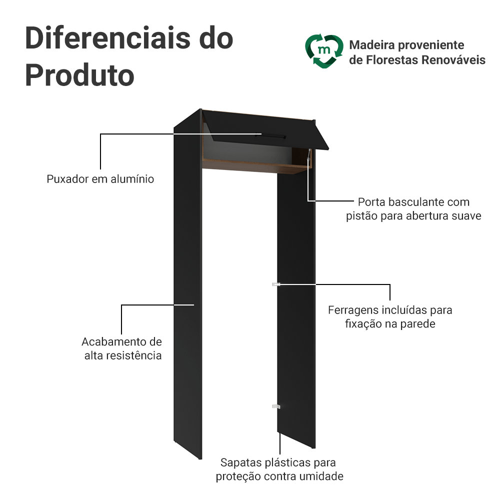 Porta-Geladeira 83 cm 1 Porta Basculante Preto/Rustic/Preto Agata Madesa