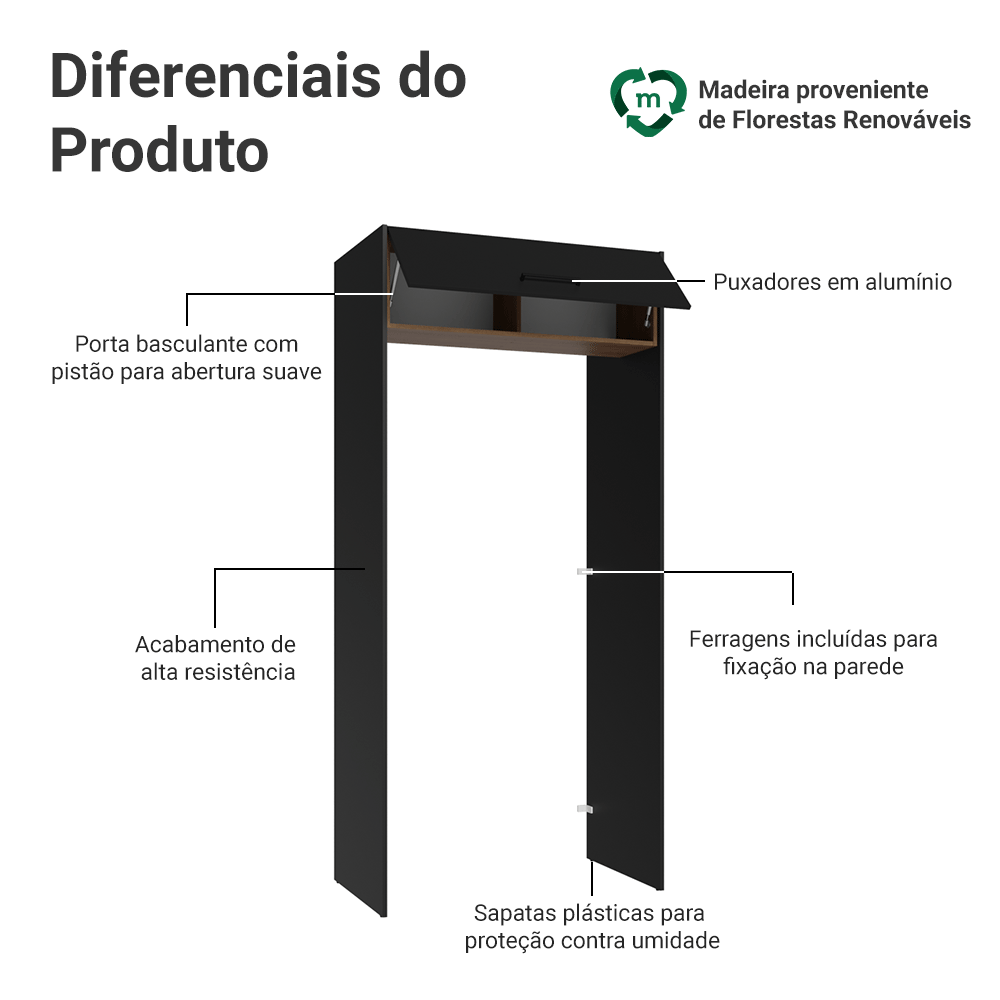 Porta-Geladeira 103 cm 1 Porta Basculante Preto/Rustic/Preto Agata Madesa