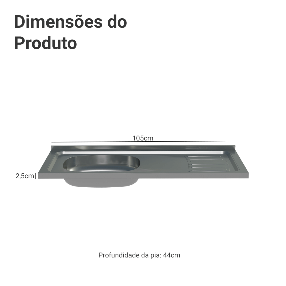 Pia de Aço Inoxidável 105 x 44 cm para Cozinhas Emilly e Gourmet Madesa