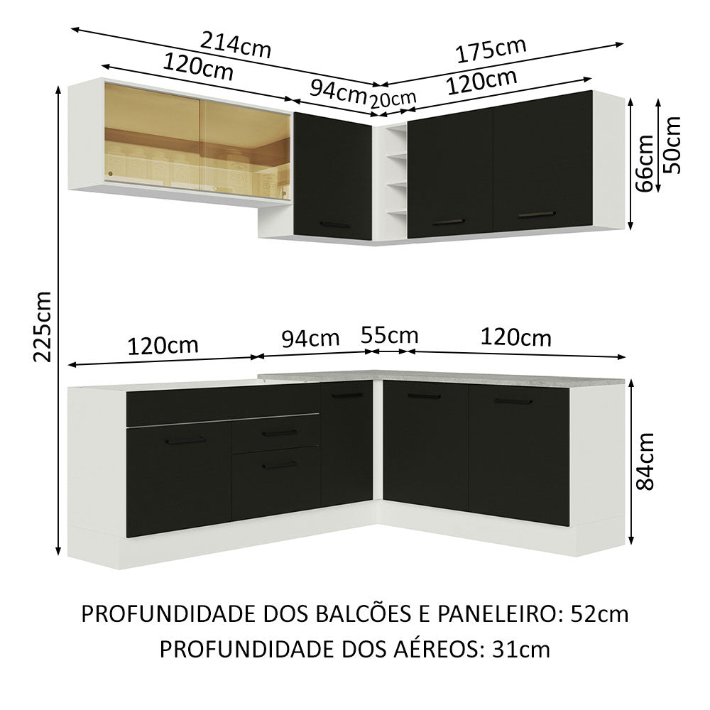 Armário de Cozinha Completa de Canto 389cm Branco Preto Agata Madesa 01
