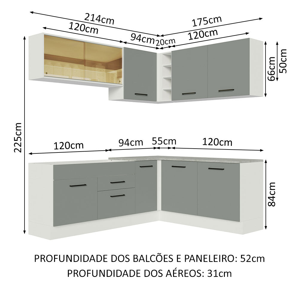 Armário de Cozinha Completa de Canto 389cm Branco Cinza Agata Madesa 01