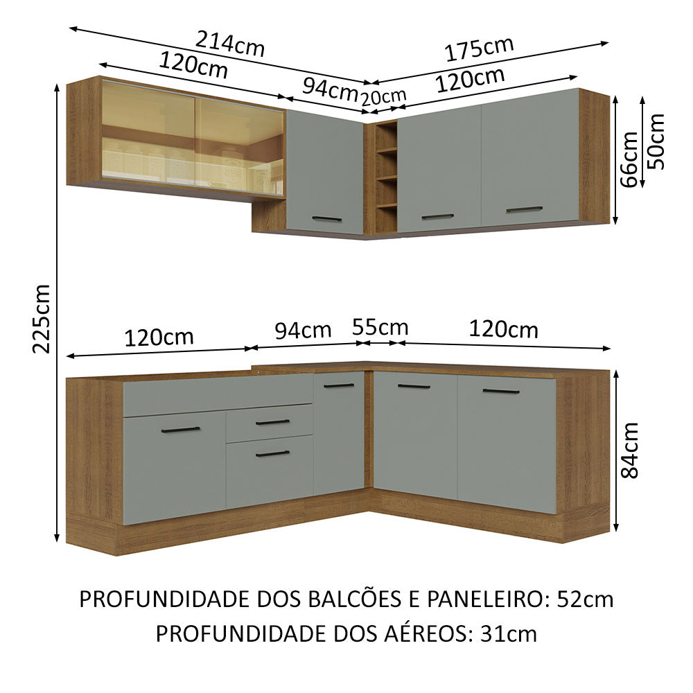 Armário de Cozinha Completa de Canto 389cm Rustic Cinza Agata Madesa 01