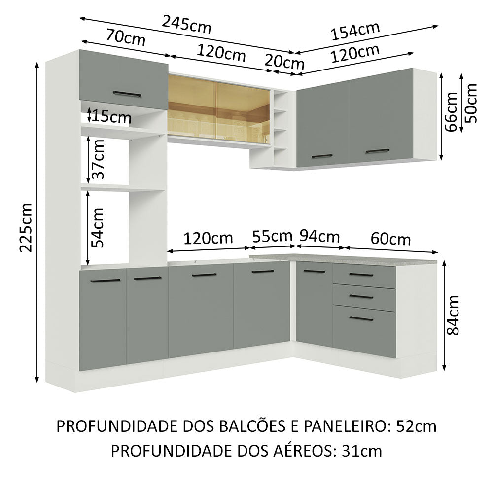 Armário de Cozinha Completa de Canto 399cm Branco Cinza Agata Madesa 01