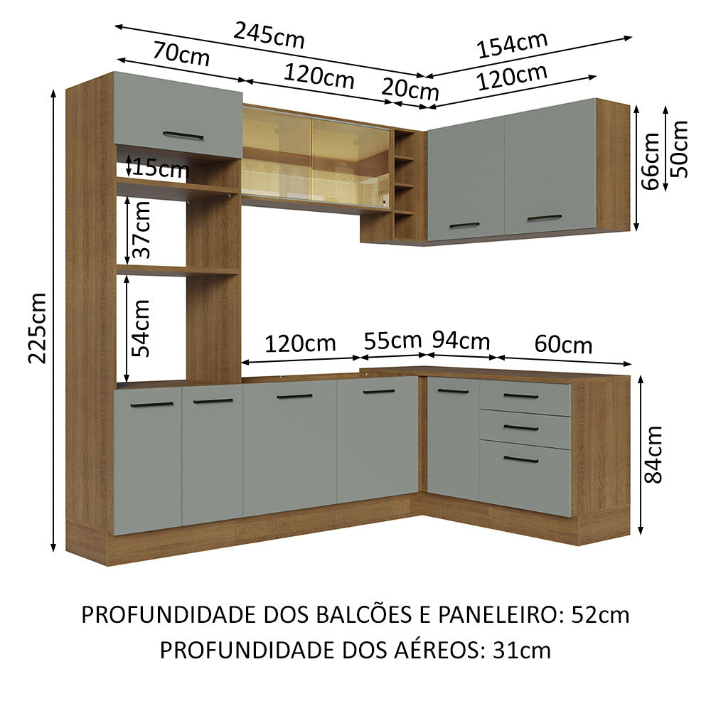 Armário de Cozinha Completa de Canto 399cm Rustic Cinza Agata Madesa 01