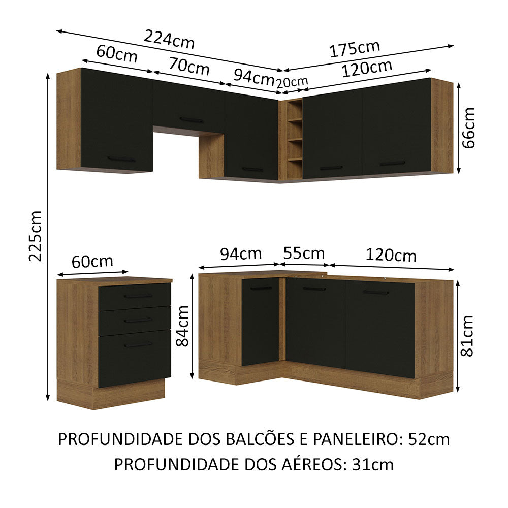 Armário de Cozinha Completa de Canto 399cm Rustic Preto Agata Madesa 02