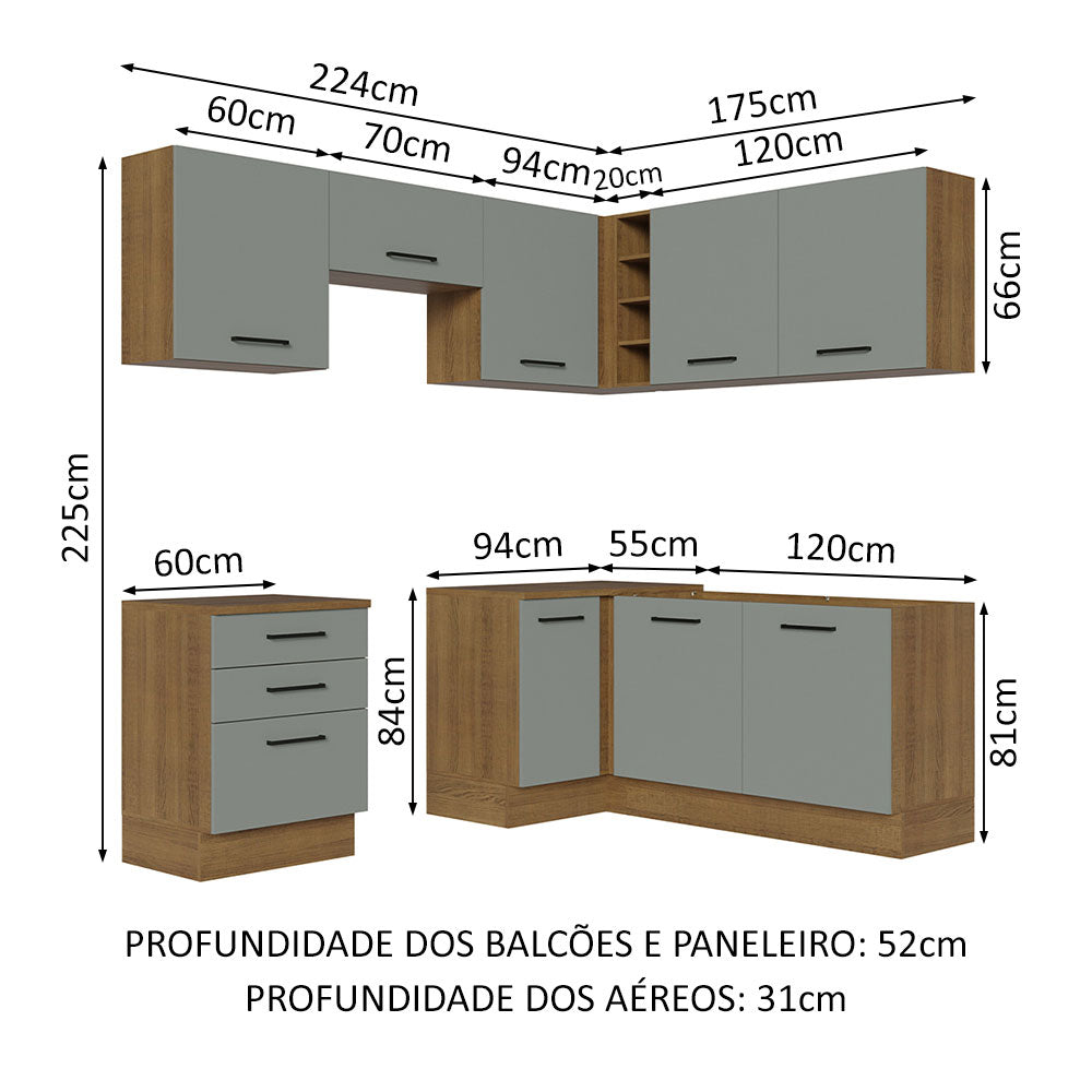 Armário de Cozinha Completa de Canto 399cm Rustic Cinza Agata Madesa 02
