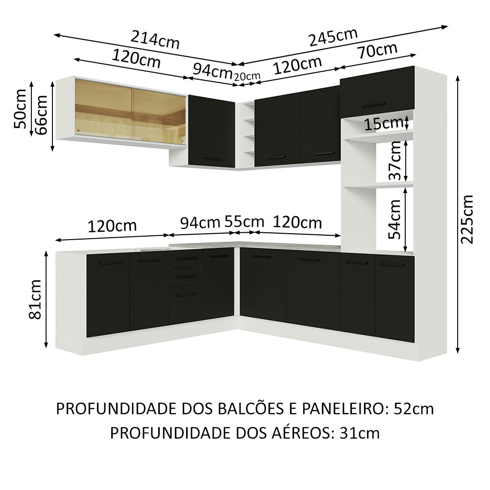Armário de Cozinha Completa de Canto 459cm Branco Preto Agata Madesa 01