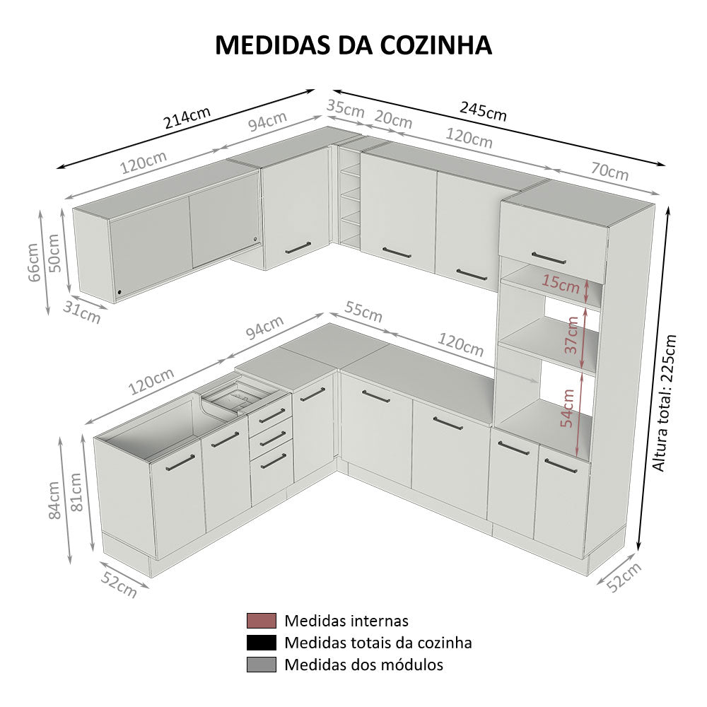 Armário de Cozinha Completa de Canto 459cm Rustic/Crema Agata Madesa 01
