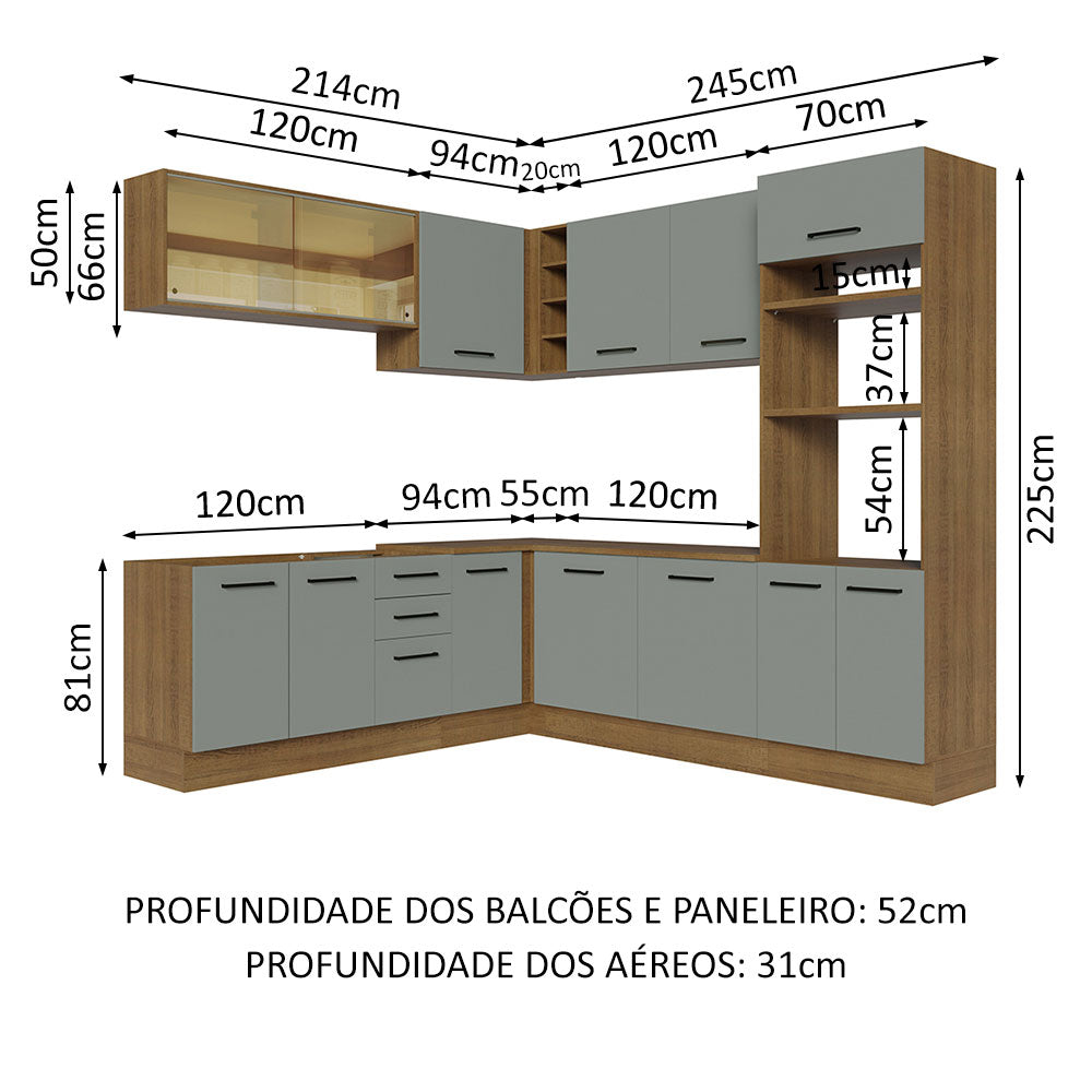 Armário de Cozinha Completa de Canto 459cm Rustic Cinza Agata Madesa 01