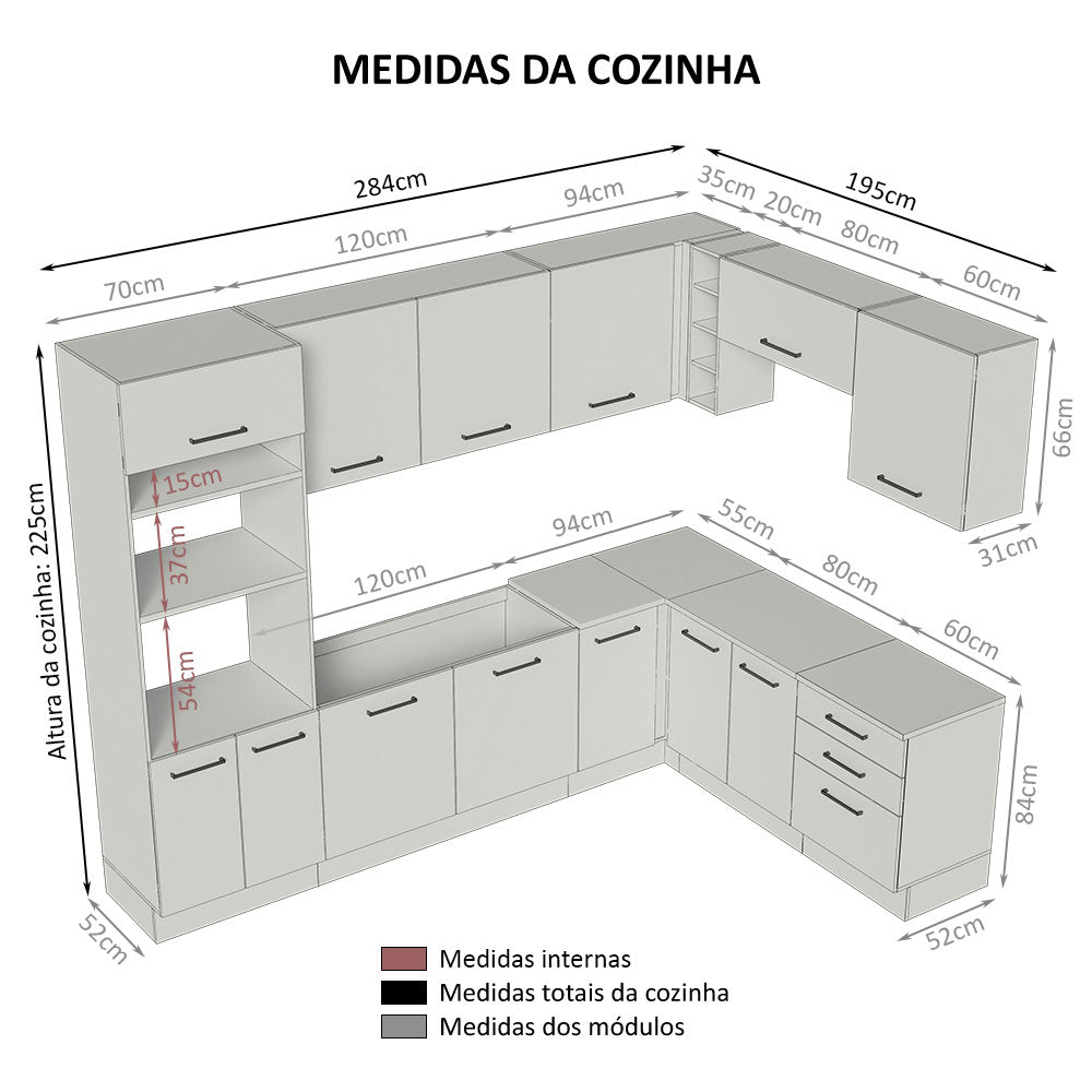 Armário de Cozinha Completa de Canto 479cm Branco/Crema Agata Madesa 01