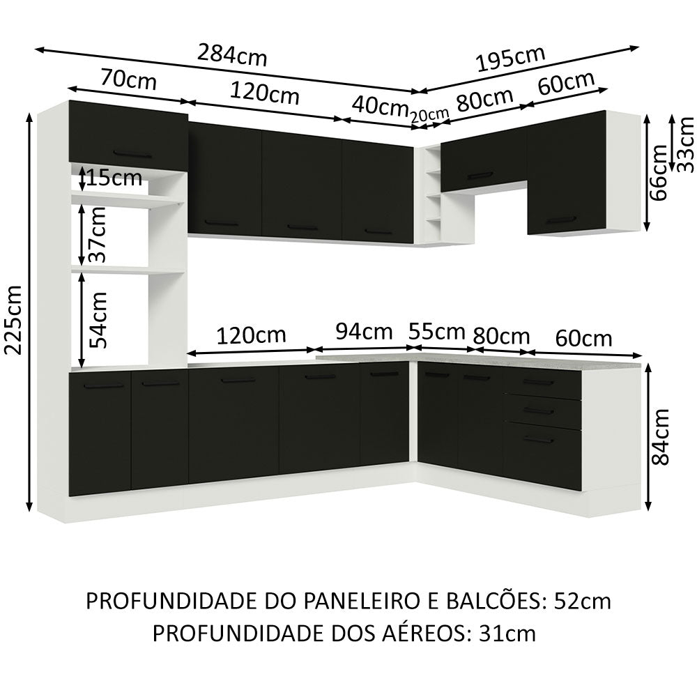 Armário de Cozinha Completa de Canto 479cm Branco Preto Agata Madesa 01