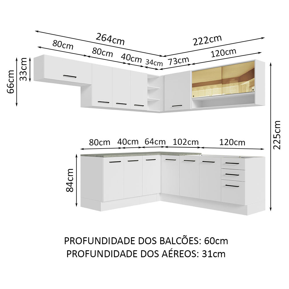 Armário de Cozinha Completa de Canto 486cm Branco 60cm de Profundidade Agata Madesa 01