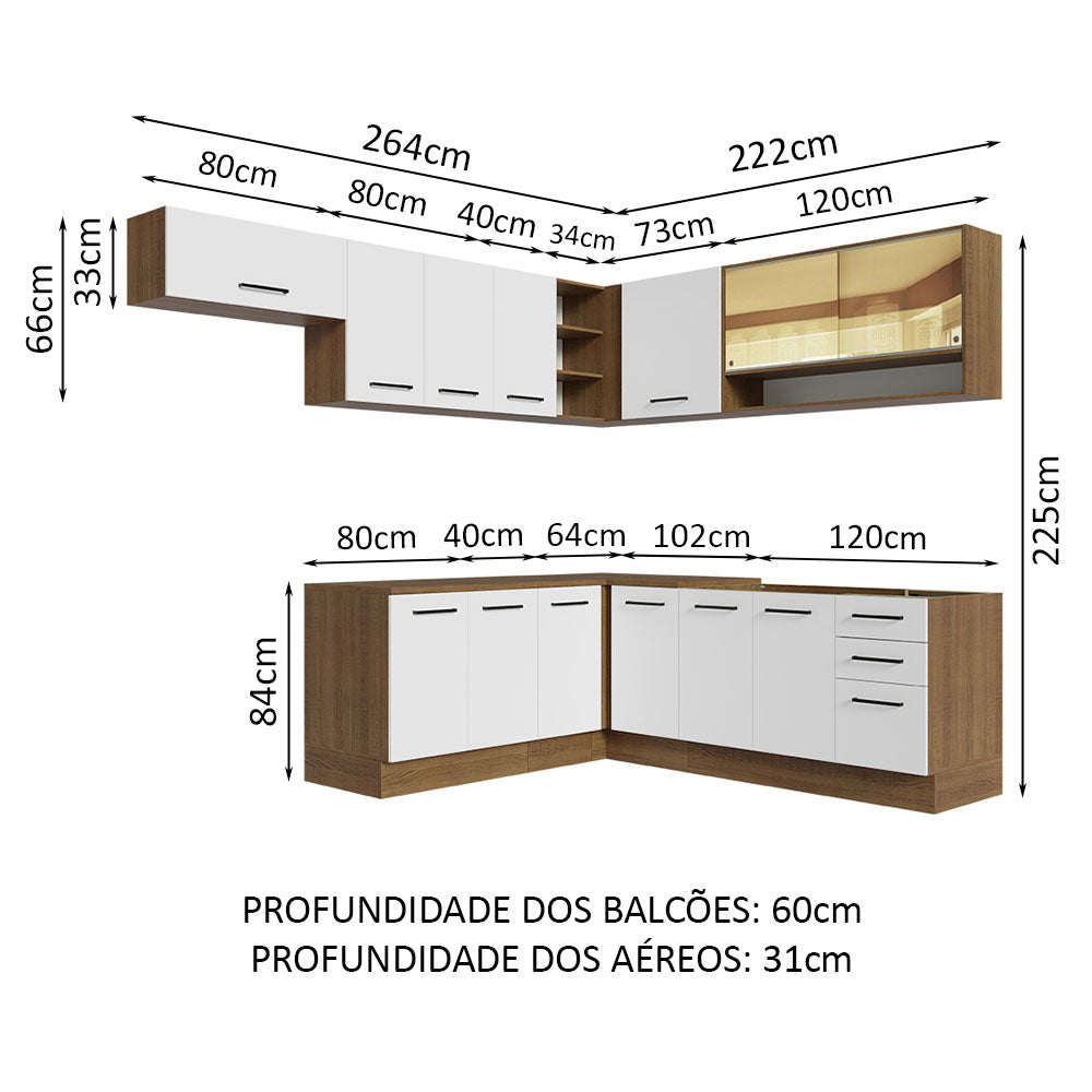 Armário de Cozinha Completa de Canto 486cm Rustic/Branco 60cm de Profundidade Agata Madesa 01