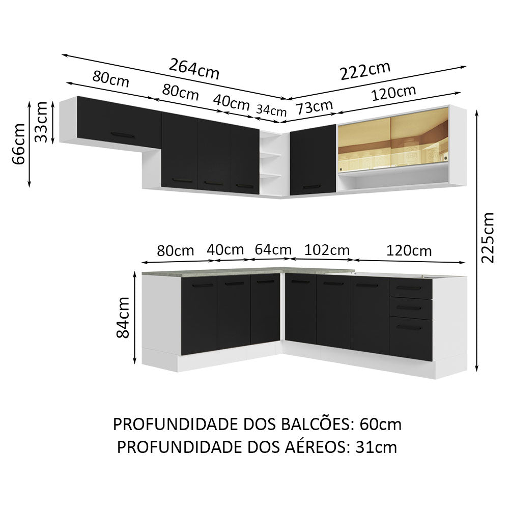 Armário de Cozinha Completa de Canto 486cm Branco/Preto 60cm de Profundidade Agata Madesa 01