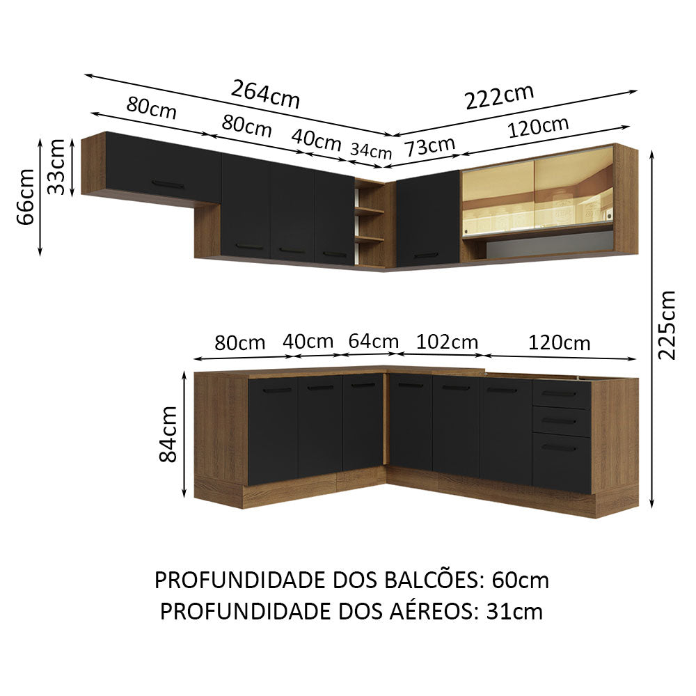 Armário de Cozinha Completa de Canto 486cm Rustic/Preto 60cm de Profundidade Agata Madesa 01