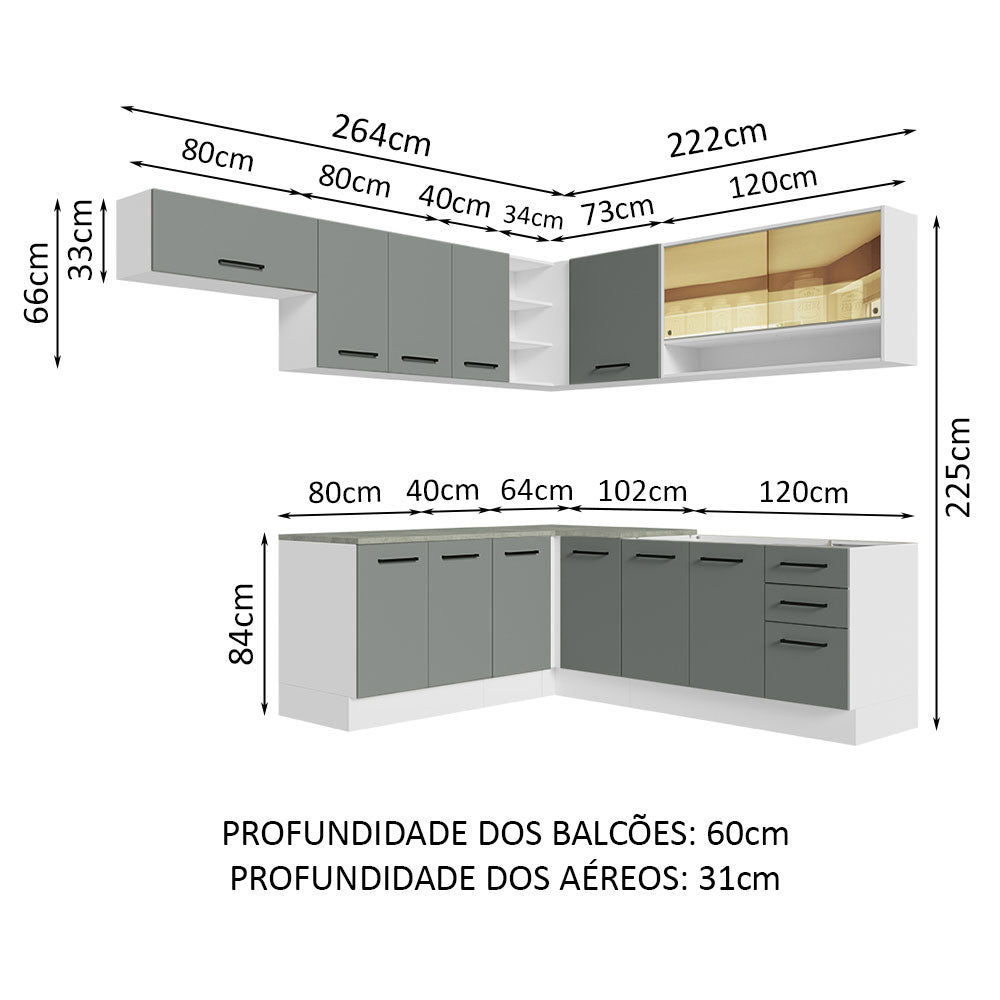Armário de Cozinha Completa de Canto 486cm Branco/Cinza 60cm de Profundidade Agata Madesa 01