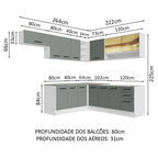 Armário de Cozinha Completa de Canto 486cm Branco/Cinza 60cm de Profundidade Agata Madesa 01