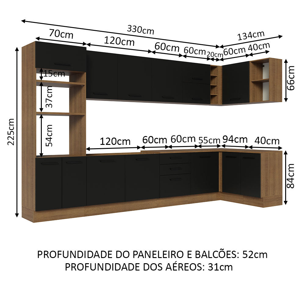 Armário de Cozinha Planejada de Canto 499cm Rustic/Preto Agata Madesa 01