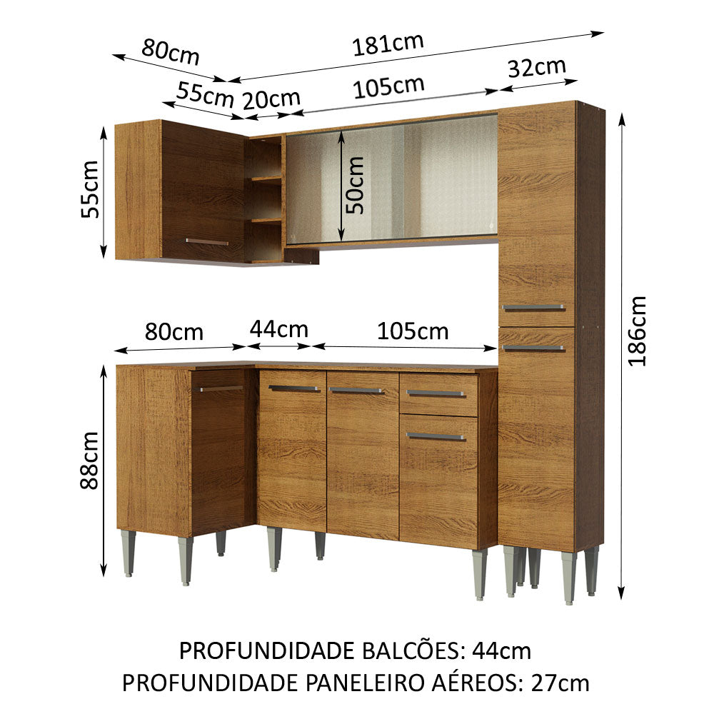 Armário de Cozinha Completa de Canto 261cm Rustic Emilly Face