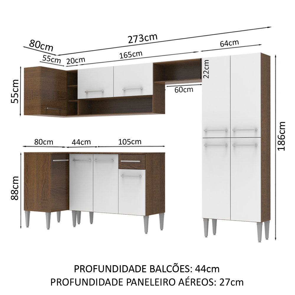 Armário de Cozinha Completa de Canto 353cm Rustic/Branco Emilly Sun Madesa 01