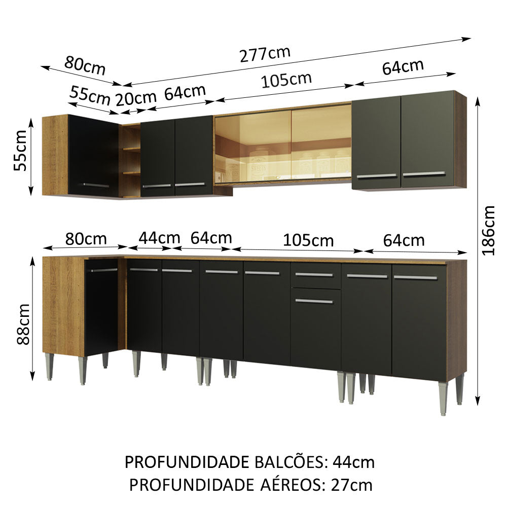 Armário de Cozinha Completa de Canto 357cm Rustic/Preto Emilly Mega Madesa 03