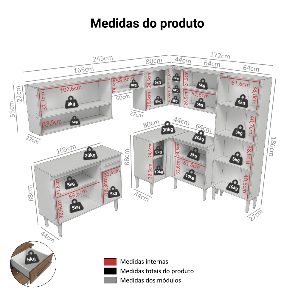 Armário de Cozinha Completa de Canto 417cm Rustic Emilly Madesa 02