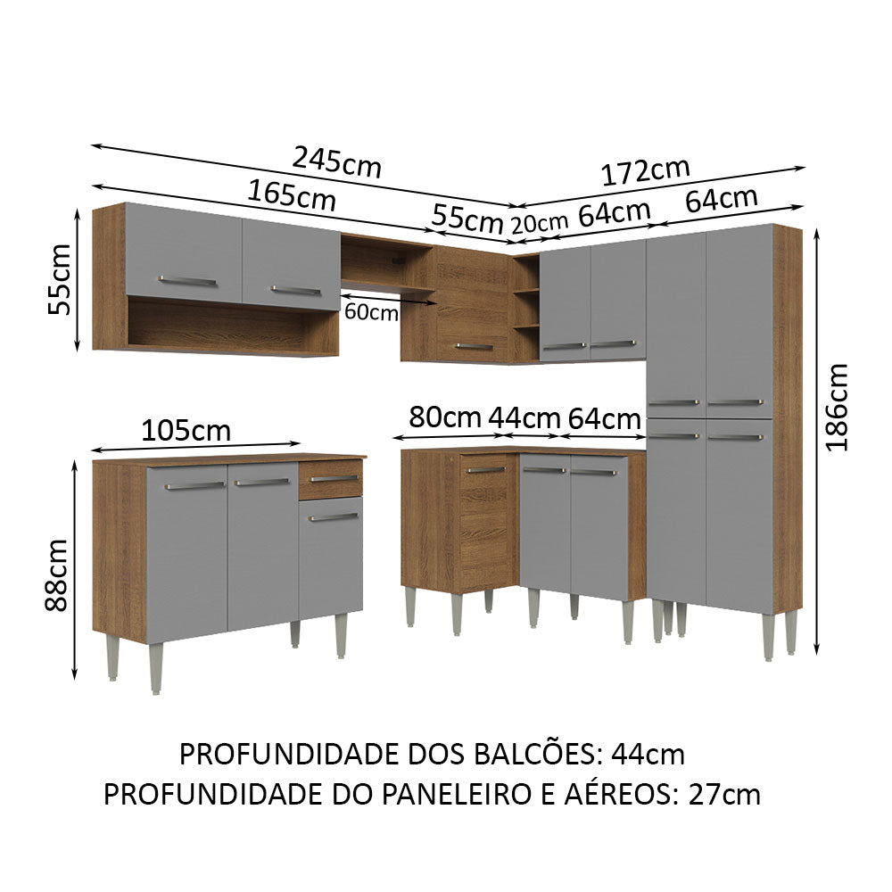 Armário de Cozinha Completa de Canto 417cm Cinza/Rustic Emilly Madesa 02