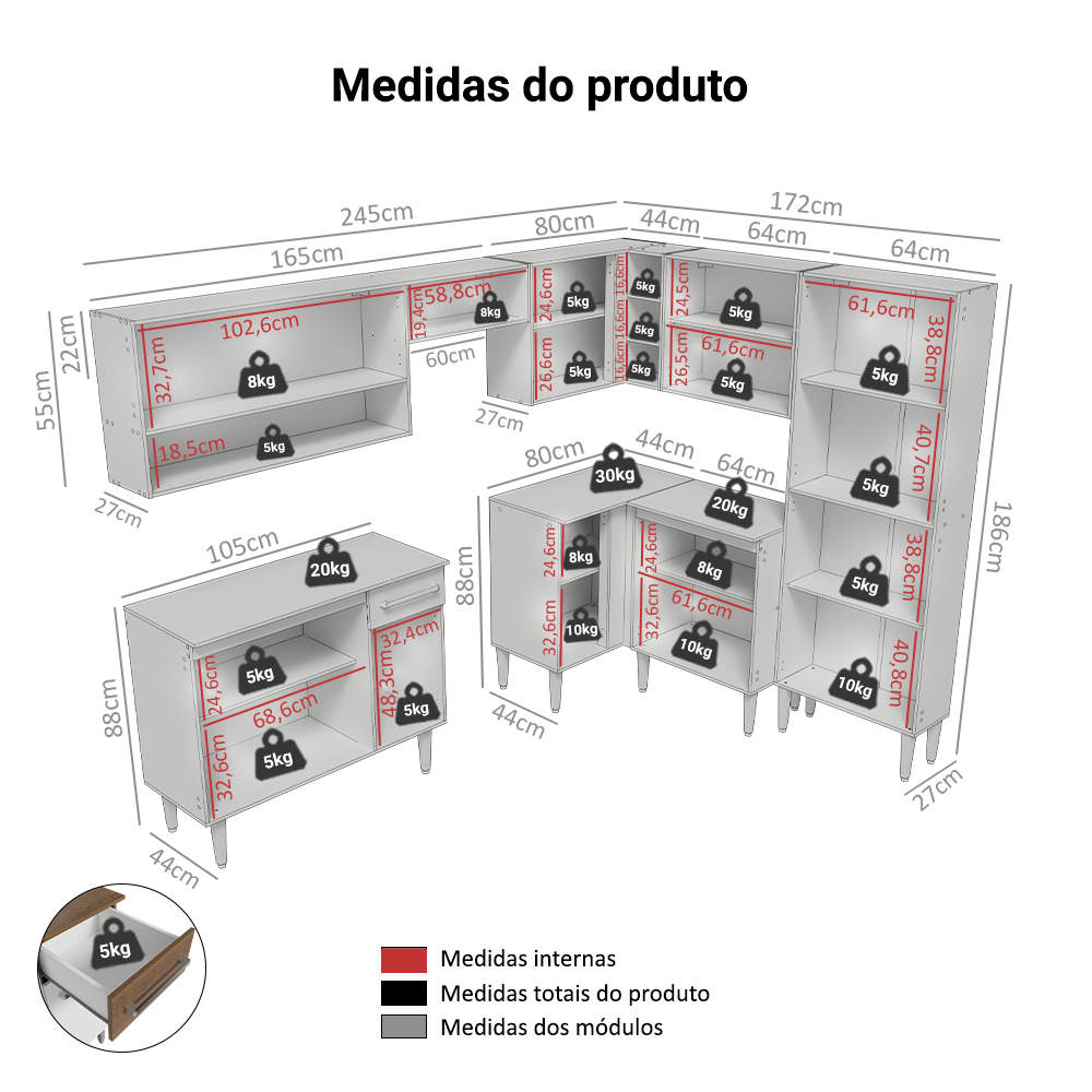 Armário de Cozinha Completa de Canto 417cm Rustic/Branco Emilly Madesa 02