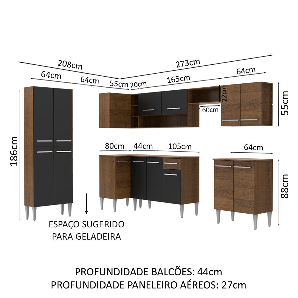 Armário de Cozinha Completa de Canto 481cm Rustic/Preto Emilly Moon Madesa 01
