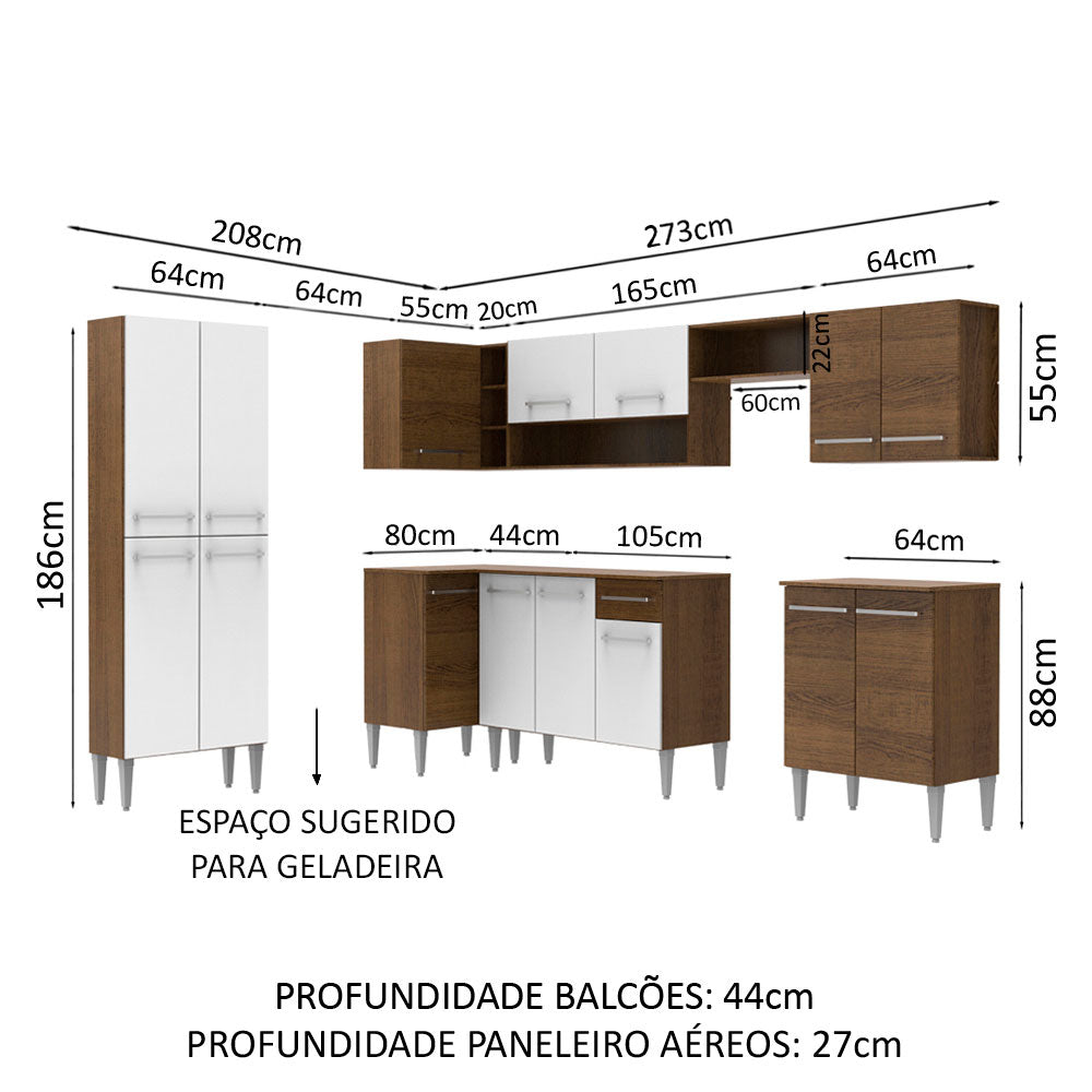 Armário de Cozinha Completa de Canto 481cm Rustic/Branco Emilly Moon Madesa 01