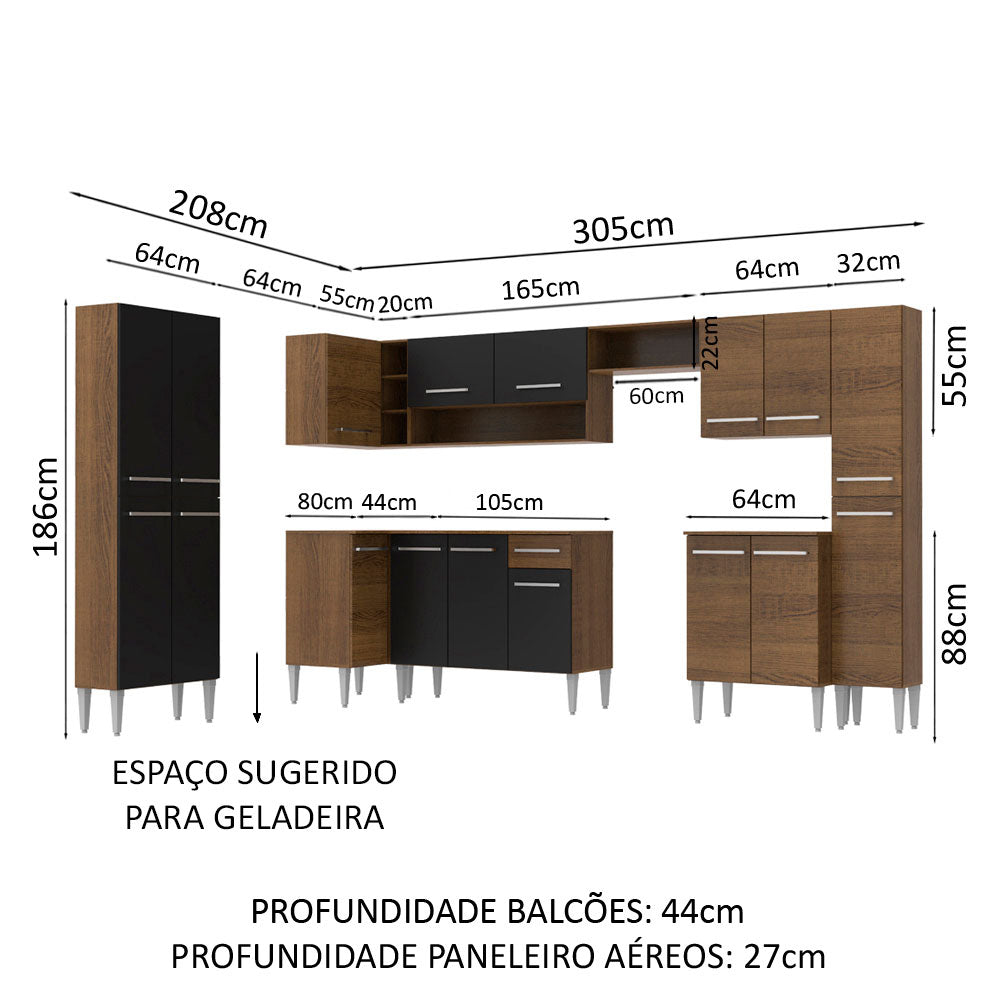 Armário de Cozinha Completa de Canto 513cm Rustic/Preto Emilly Live Madesa 01