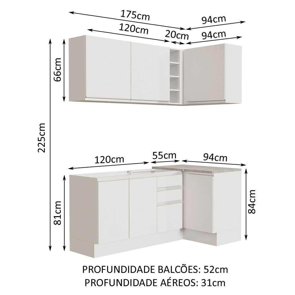 Armário de Cozinha Compacta de Canto 269cm Branco Glamy Madesa 01