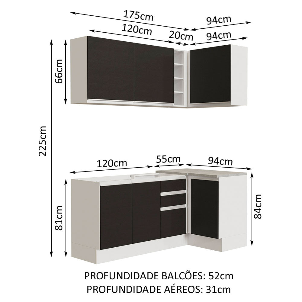 Armário de Cozinha Compacta de Canto 269cm Branco/Preto Glamy Madesa 01