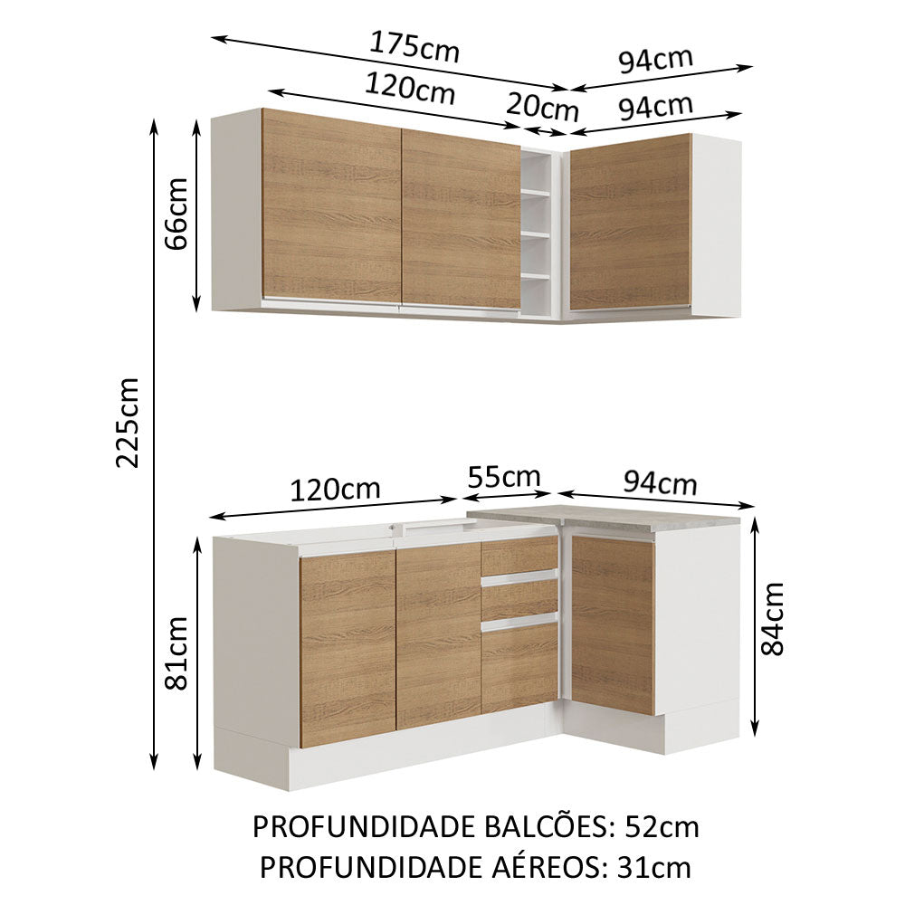 Armário de Cozinha Compacta de Canto 269cm Branco/Rustic Glamy Madesa 01