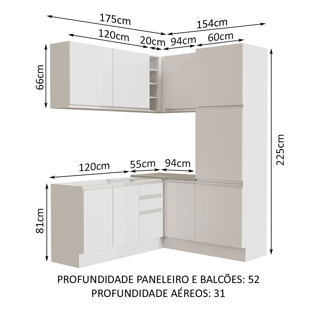 Armário de Cozinha Completa de Canto 329cm Branco Glamy Madesa 01