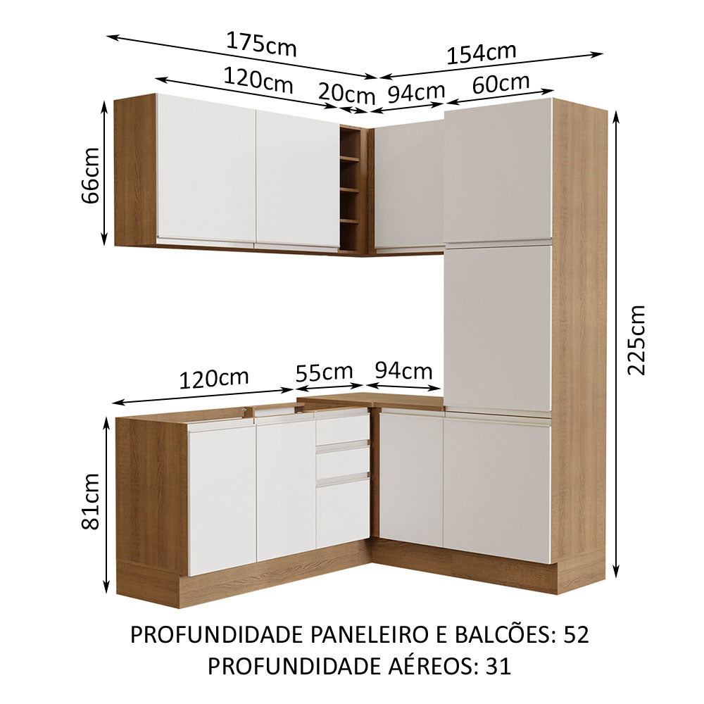 Armário de Cozinha Completa de Canto 329cm Rustic Branco Glamy Madesa 01