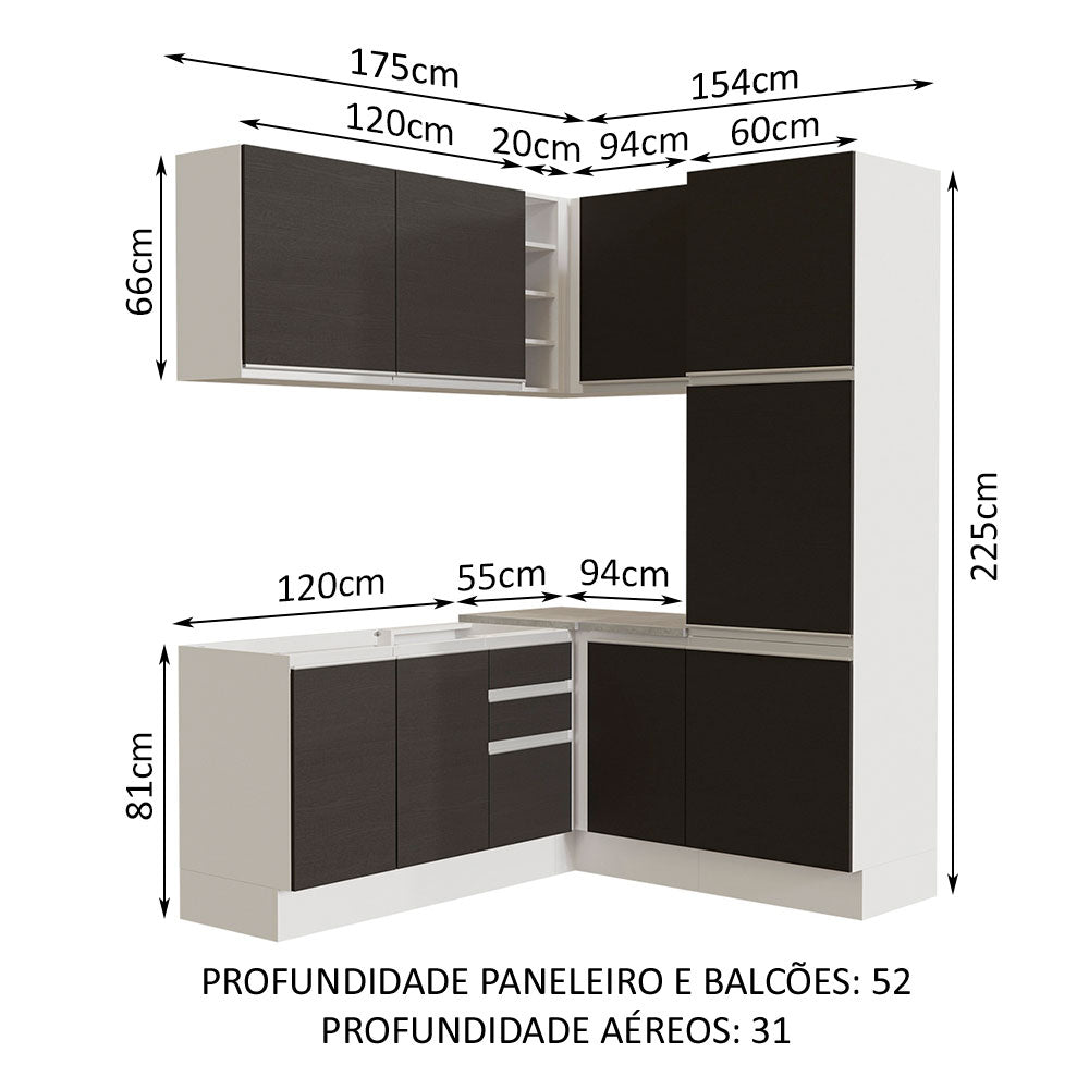 Armário de Cozinha Completa de Canto 329cm Branco Preto Glamy Madesa 01