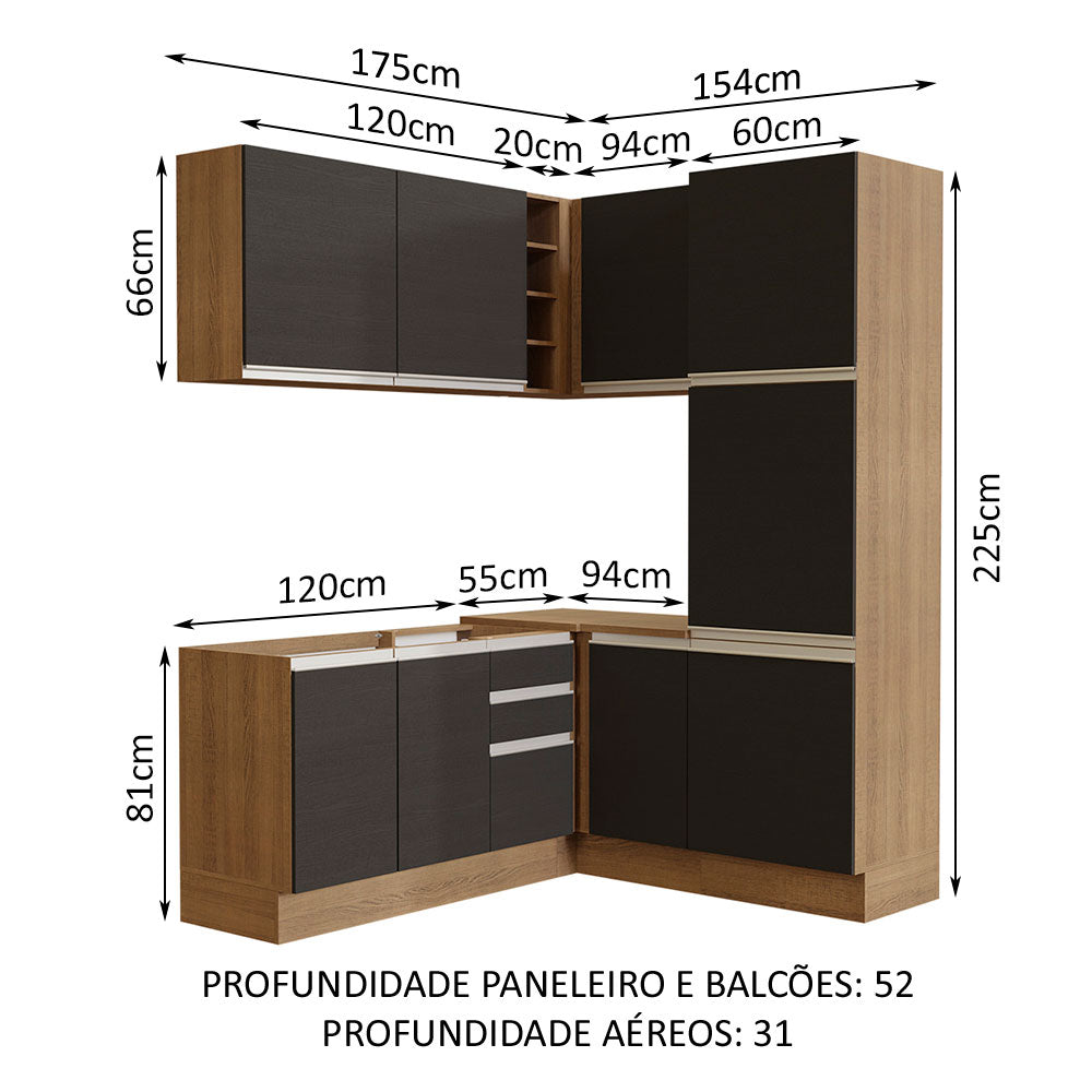 Armário de Cozinha Completa de Canto 329cm Rustic Preto Glamy Madesa 01
