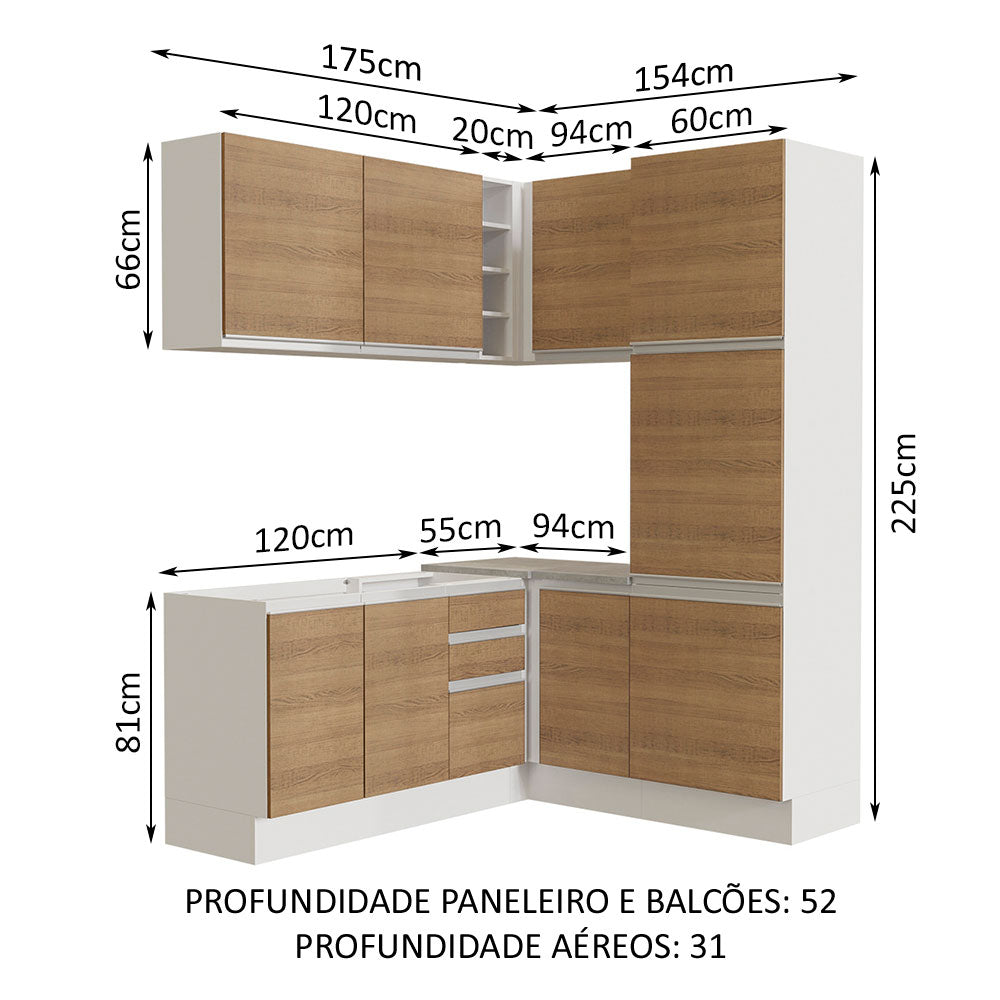 Armário de Cozinha Completa de Canto 329cm Branco Rustic Glamy Madesa 01