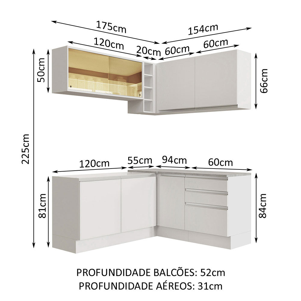 Armário de Cozinha Completa de Canto 329cm Branco Glamy Madesa 02