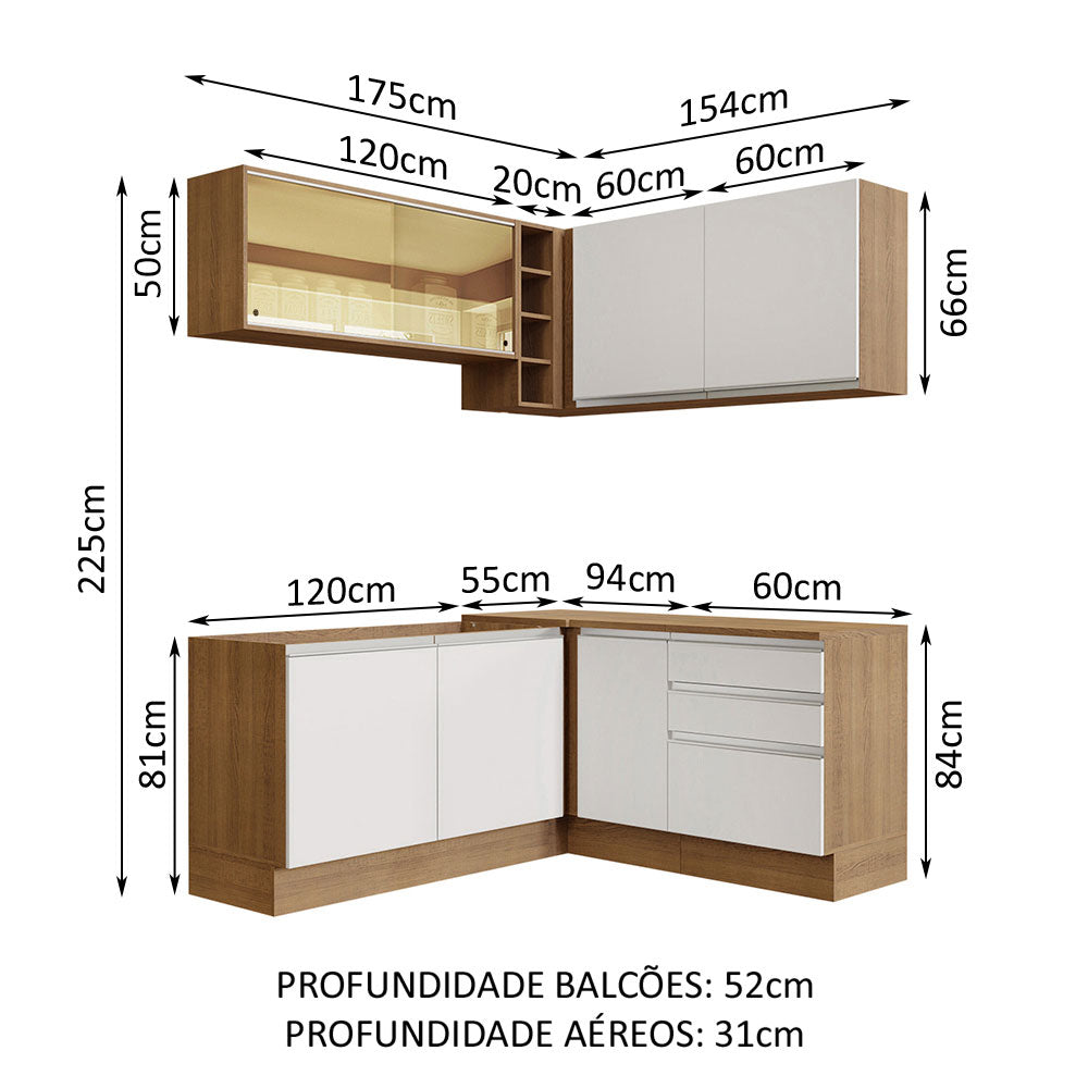 Armário de Cozinha Completa de Canto 329cm Rustic Branco Glamy Madesa 02