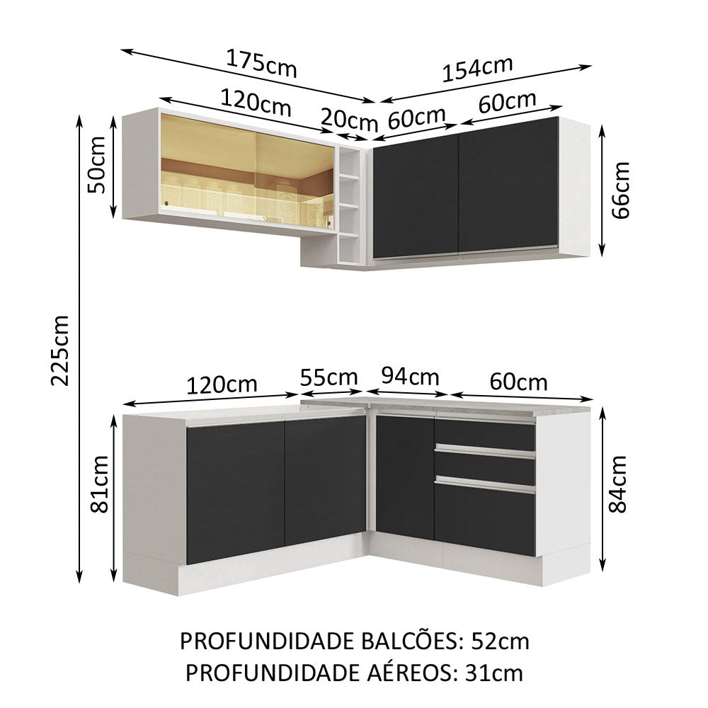 Armário de Cozinha Completa de Canto 329cm Branco Preto Glamy Madesa 02