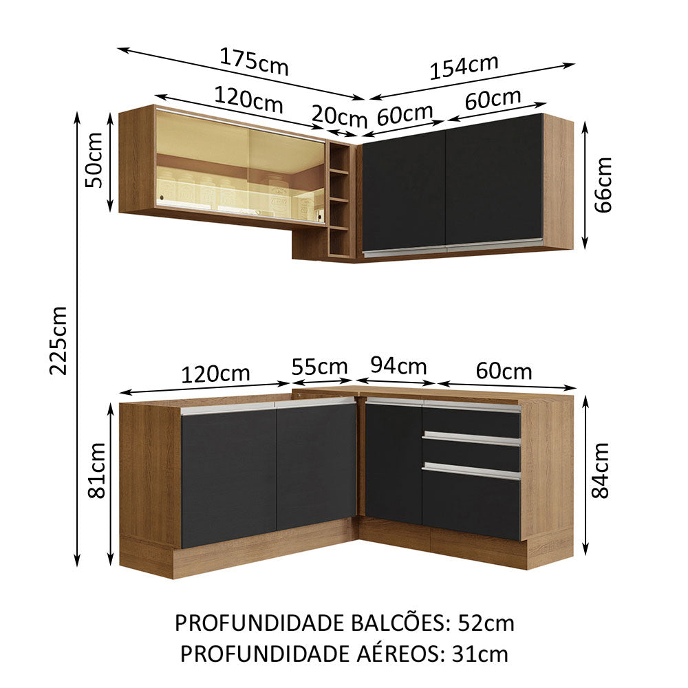 Armário de Cozinha Completa de Canto 329cm Rustic Preto Glamy Madesa 02