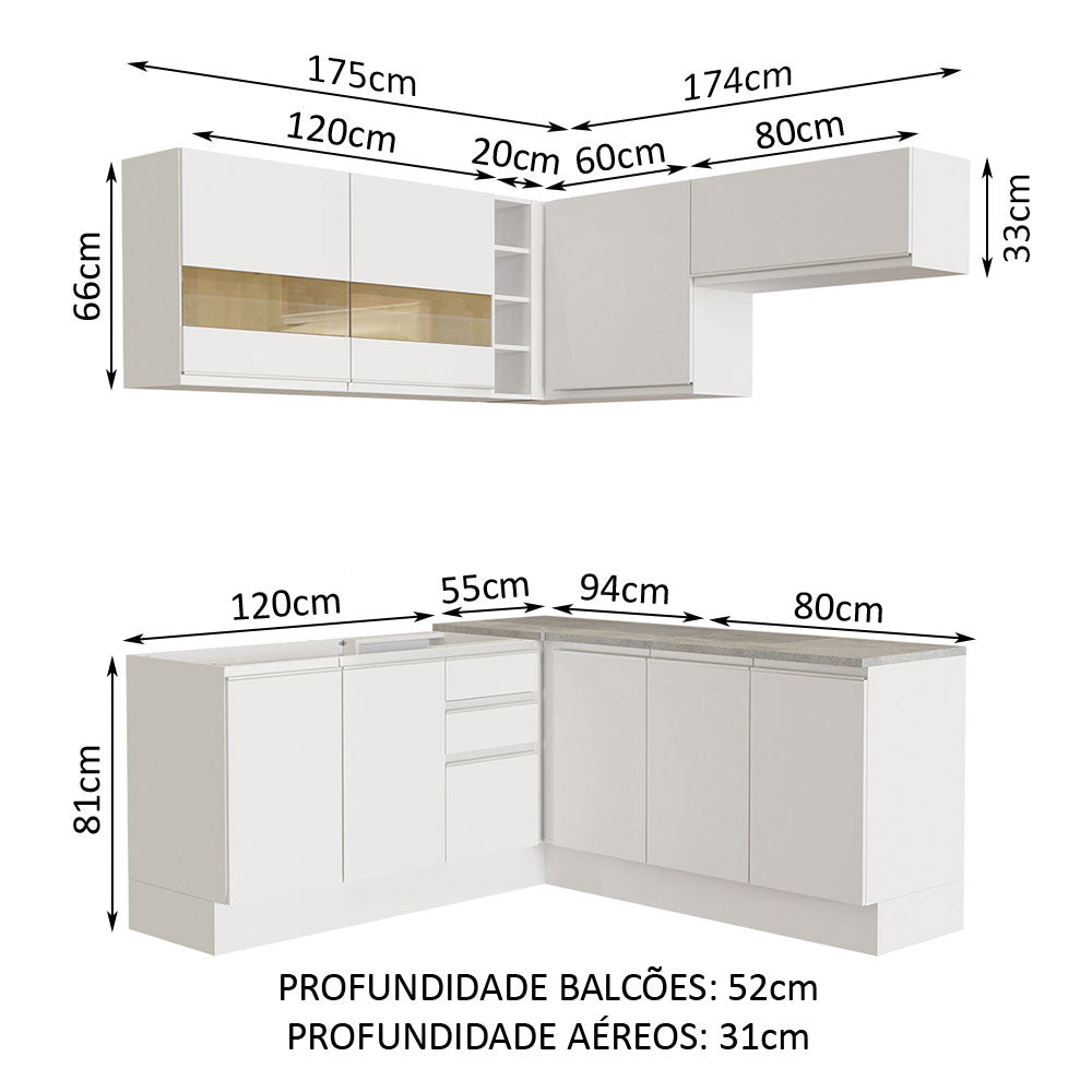 Armário de Cozinha Completa de Canto 349cm Branco Glamy Madesa 01