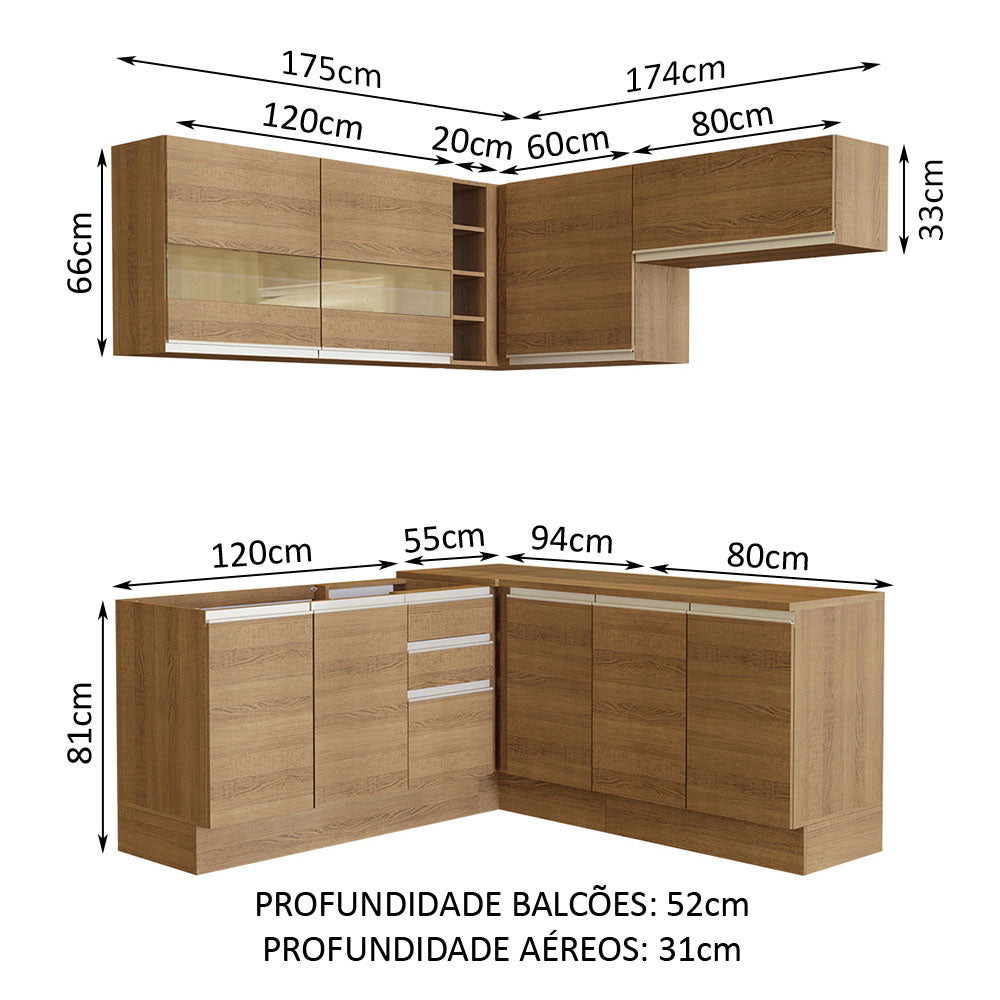 Armário de Cozinha Completa de Canto 349cm Rustic Glamy Madesa 01