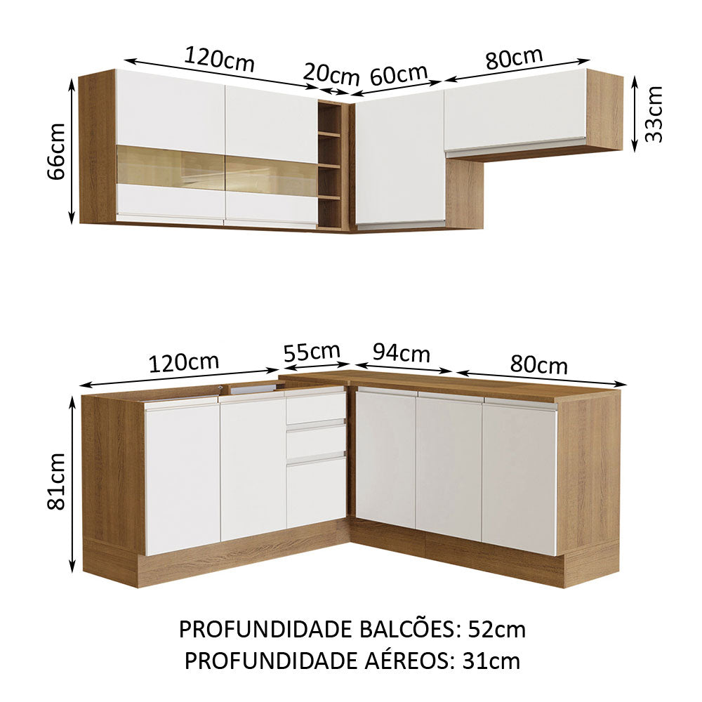 Armário de Cozinha Completa de Canto 349cm Rustic/Branco Glamy Madesa 01