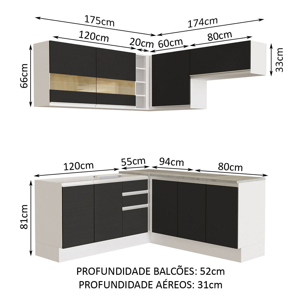 Armário de Cozinha Completa de Canto 349cm Branco/Preto Glamy Madesa 01